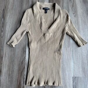 Y2K George Women Dune Beige Ribbed V-Neck Collar 3/4 Sleeve Top Size S 4-6